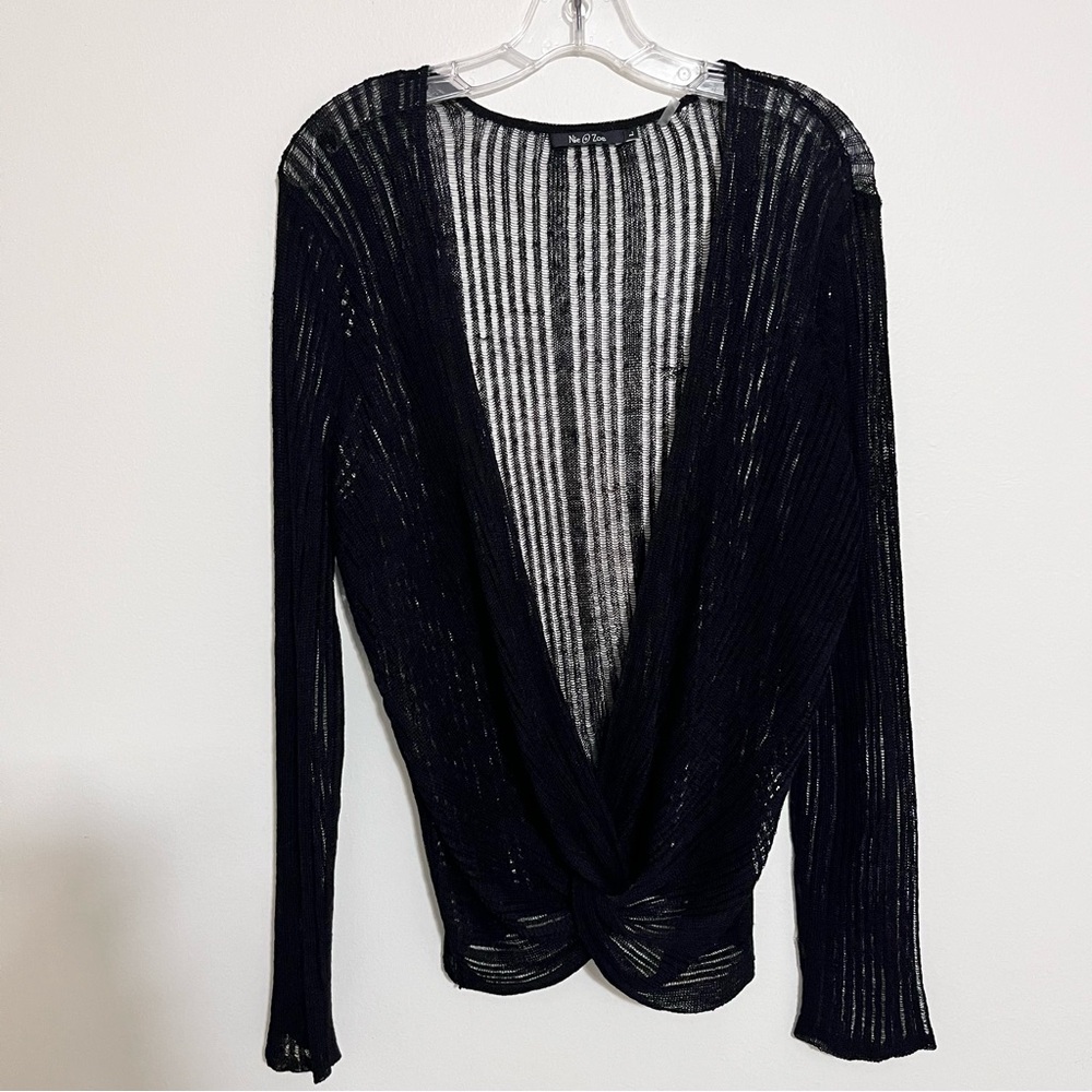 EUC NIC+ZOE Black Sheer Draped Deep v-neck Top Size L